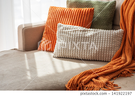 Cozy Sofa Arrangement With Plush Cushions And Knitted Throw For Home Decor Comfort Cozy Sofa Arrangement With Plush Cushions And Knitted Throw For Home Decor Comfort 141922197