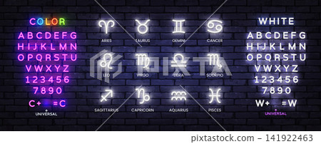 Neon zodiac symbols collection with editable alphabet and glowing characters. Astrology set for horoscope branding, cosmic poster and mystical decoration. 141922463
