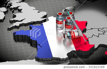 Covid 19, SARS CoV 2, coronavirus vaccination in France - country shape ampoules syringe - 3D illustration Covid 19, SARS CoV 2, coronavirus vaccination in France - country shape ampoules syringe - 3D illustration 141922589