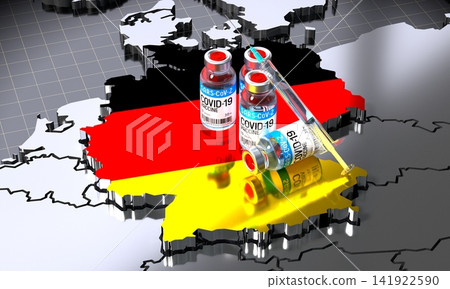 Covid 19, SARS CoV 2, coronavirus vaccination in Germany - country shape ampoules syringe - 3D illustration Covid 19, SARS CoV 2, coronavirus vaccination in Germany - country shape ampoules syringe - 3D illustration 141922590
