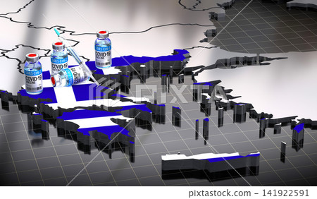 Covid 19, SARS CoV 2, coronavirus vaccination in Greece - country shape, vials and syringe - 3D illustration Covid 19, SARS CoV 2, coronavirus vaccination in Greece - country shape, vials and syringe - 3D illustration 141922591
