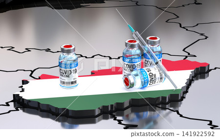 Covid 19, SARS CoV 2, coronavirus vaccination in Hungary - country shape, vials and syringe - 3D illustration Covid 19, SARS CoV 2, coronavirus vaccination in Hungary - country shape, vials and syringe - 3D illustration 141922592