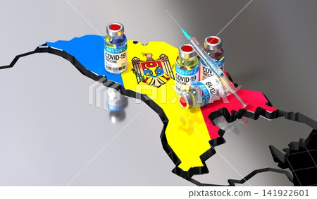 Covid 19, SARS CoV 2, coronavirus vaccination in Moldova - country shape, vials and syringe - 3D illustration Covid 19, SARS CoV 2, coronavirus vaccination in Moldova - country shape, vials and syringe - 3D illustration 141922601