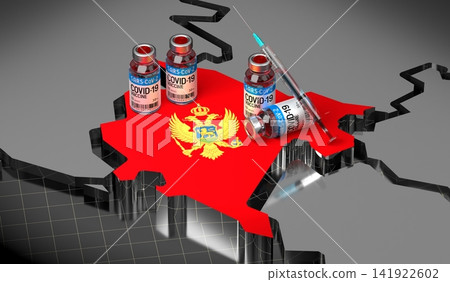 Covid 19, SARS CoV 2, coronavirus vaccination in Montenegro - country shape, vials and syringe - 3D illustration Covid 19, SARS CoV 2, coronavirus vaccination in Montenegro - country shape, vials and syringe - 3D illustration 141922602