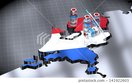 Covid 19, SARS CoV 2, coronavirus vaccination in Netherlands - country shape, vials and syringe - 3D illustration Covid 19, SARS CoV 2, coronavirus vaccination in Netherlands - country shape, vials and syringe - 3D illustration 141922603