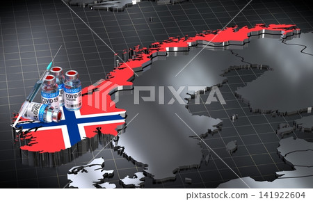 Covid 19, SARS CoV 2, coronavirus vaccination in Norway - country shape ampoules syringe - 3D illustration Covid 19, SARS CoV 2, coronavirus vaccination in Norway - country shape ampoules syringe - 3D illustration 141922604