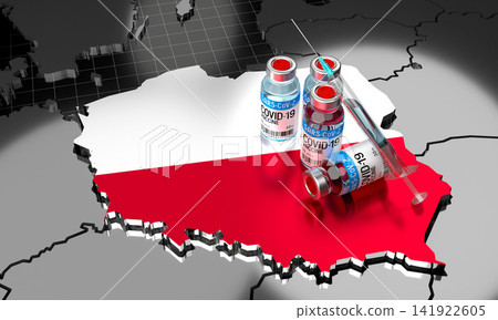 Covid 19, SARS CoV 2, coronavirus vaccination in Poland - country shape ampoules syringe - 3D illustration Covid 19, SARS CoV 2, coronavirus vaccination in Poland - country shape ampoules syringe - 3D illustration 141922605