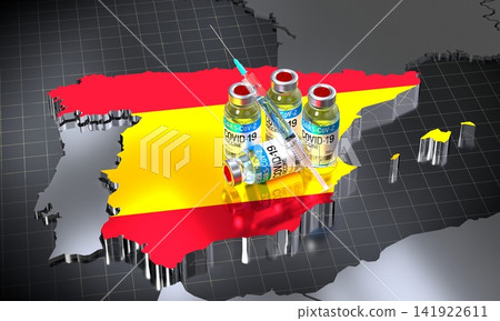 Covid 19, SARS CoV 2, coronavirus vaccination in Spain - country shape ampoules syringe - 3D illustration Covid 19, SARS CoV 2, coronavirus vaccination in Spain - country shape ampoules syringe - 3D illustration 141922611