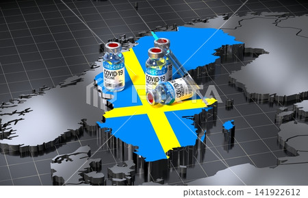 Covid 19, SARS CoV 2, coronavirus vaccination in Sweden - country shape ampoules syringe - 3D illustration Covid 19, SARS CoV 2, coronavirus vaccination in Sweden - country shape ampoules syringe - 3D illustration 141922612