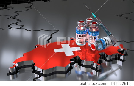 Covid 19, SARS CoV 2, coronavirus vaccination in Switzerland - country shape ampoules syringe - 3D illustration Covid 19, SARS CoV 2, coronavirus vaccination in Switzerland - country shape ampoules syringe - 3D illustration 141922613