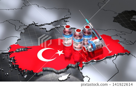 Covid 19, SARS CoV 2, coronavirus vaccination in Turkey - country shape ampoules syringe - 3D illustration Covid 19, SARS CoV 2, coronavirus vaccination in Turkey - country shape ampoules syringe - 3D illustration 141922614