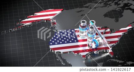 Covid 19, SARS CoV 2, coronavirus vaccination in the USA - country shape, ampoules and syringe - 3D illustration Covid 19, SARS CoV 2, coronavirus vaccination in the USA - country shape, ampoules and syringe - 3D illustration 141922617