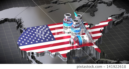 Covid 19, SARS CoV 2, coronavirus vaccination in the USA - country shape, ampoules and syringe - 3D illustration Covid 19, SARS CoV 2, coronavirus vaccination in the USA - country shape, ampoules and syringe - 3D illustration 141922618