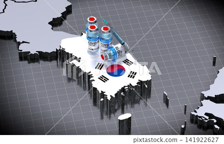 Covid 19, SARS CoV 2, coronavirus vaccination in South Korea - country shape, ampoules, syringe - 3D illustration Covid 19, SARS CoV 2, coronavirus vaccination in South Korea - country shape, ampoules, syringe - 3D illustration 141922627