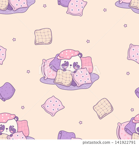 Seamless Pattern with Cute Kawaii Panda Character Hiding Under Stack of Soft Pillows on Beige Background. Cozy Bear Character. Sensory Safe Space, Comfort Zone and Autism Support. Vector Illustration. Seamless Pattern with Cute Kawaii Panda Character Hiding Under Stack of Soft Pillows on Beige Background. Cozy Bear Character. Sensory Safe Space, Comfort Zone and Autism Support. Vector Illustration. 141922791