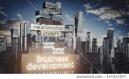 Business development concept - block shapes and skyscrapers - 3D illustration Business development concept - block shapes and skyscrapers - 3D illustration 141922807