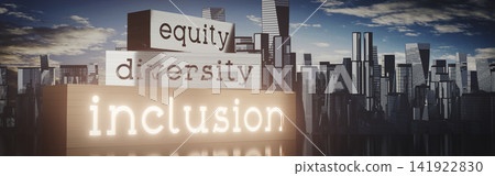 Equality, diversity, inclusion - block shapes and skyscrapers - 3D illustration Equality, diversity, inclusion - block shapes and skyscrapers - 3D illustration 141922830