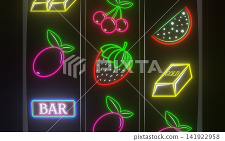 Neon Casino Slots Machine with Random Items - 3d illustration Neon Casino Slots Machine with Random Items - 3d illustration 141922958