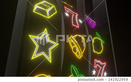 Neon Casino Slots Machine with Random Items - 3d illustration Neon Casino Slots Machine with Random Items - 3d illustration 141922959
