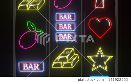 Neon Casino Slots Machine with Random Items - 3d illustration Neon Casino Slots Machine with Random Items - 3d illustration 141922963