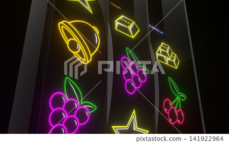 Neon Casino Slots Machine with Random Items - 3d illustration Neon Casino Slots Machine with Random Items - 3d illustration 141922964