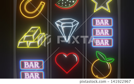 Neon Casino Slots Machine with Random Items - 3d illustration Neon Casino Slots Machine with Random Items - 3d illustration 141922967
