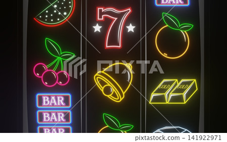 Neon Casino Slots Machine with Random Items - 3d illustration 141922971