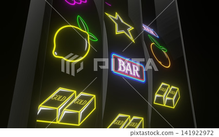 Neon Casino Slots Machine with Random Items - 3d illustration Neon Casino Slots Machine with Random Items - 3d illustration 141922972