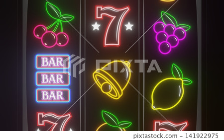 Neon Casino Slots Machine with Random Items - 3d illustration Neon Casino Slots Machine with Random Items - 3d illustration 141922975