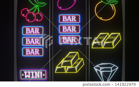 Neon Casino Slots Machine with Random Items - 3d illustration Neon Casino Slots Machine with Random Items - 3d illustration 141922979
