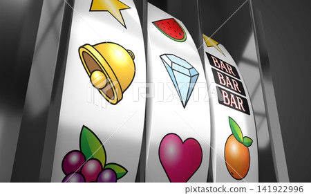 Three Wheels Casino Slots Machine with Random Items - 3d illustration Three Wheels Casino Slots Machine with Random Items - 3d illustration 141922996