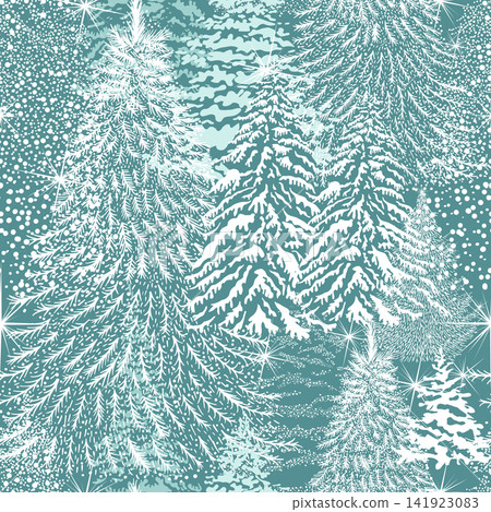 Seamless Christmas background with snowy trees in the forest. hand drawing. Not AI. Vector illustration Seamless Christmas background with snowy trees in the forest. hand drawing. Not AI. Vector illustration 141923083