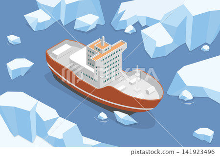 3D Isometric Flat Vector Illustration of Icebreaker, Ship In Icy Waters With Mountains In Arctic Expedition 3D Isometric Flat Vector Illustration of Icebreaker, Ship In Icy Waters With Mountains In Arctic Expedition 141923496
