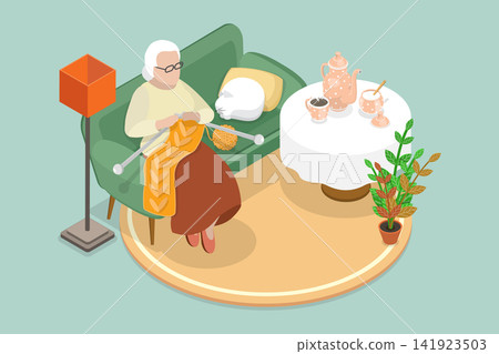 3D Isometric Flat Vector Illustration of Granny, Senior Woman Knitting On Couch. 3D Isometric Flat Vector Illustration of Granny, Senior Woman Knitting On Couch. 141923503