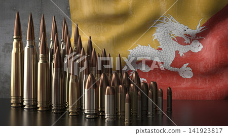 Bhutan - various projectiles and national flag - 3D illustration Bhutan - various projectiles and national flag - 3D illustration 141923817