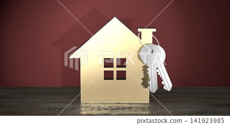 House shape and key - property, ownership concept - 3D rendering House shape and key - property, ownership concept - 3D rendering 141923985
