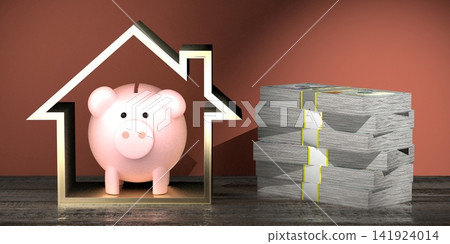 House shape, piggy bank - savings concept - 3D rendering House shape, piggy bank - savings concept - 3D rendering 141924014