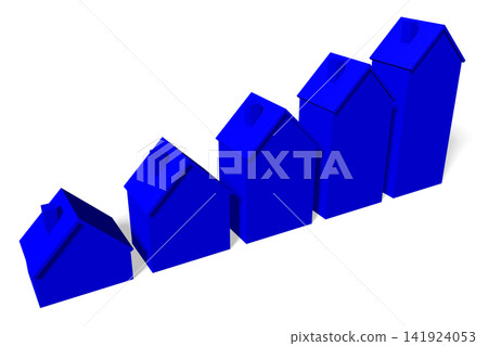 Several blue house shapes in different sizes - 3D illustration Several blue house shapes in different sizes - 3D illustration 141924053