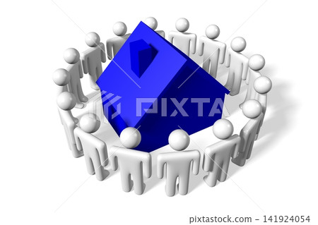 Cartoon characters and house shape - ownership concept - 3D illustration Cartoon characters and house shape - ownership concept - 3D illustration 141924054