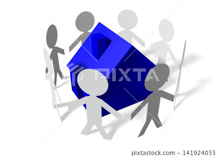 Papercut cartoon characters and house shape - ownership concept - 3D illustration Papercut cartoon characters and house shape - ownership concept - 3D illustration 141924055