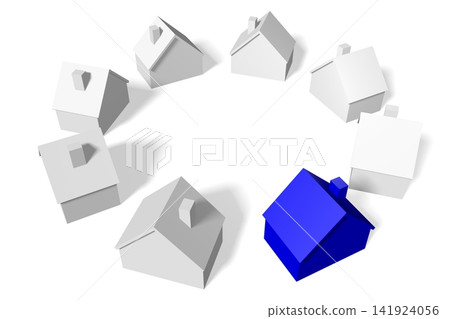 White and blue house shapes - real estate concept - 3D illustration White and blue house shapes - real estate concept - 3D illustration 141924056