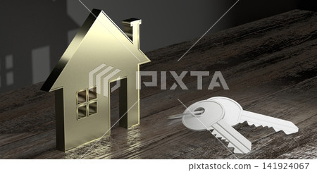 House shape and key - property, ownership concept - 3D rendering House shape and key - property, ownership concept - 3D rendering 141924067