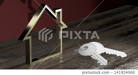 House shape and key - property, ownership concept - 3D rendering House shape and key - property, ownership concept - 3D rendering 141924068