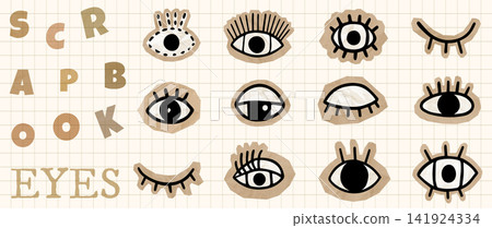Vector hand drawn collage doodle eye stickers set, Fun grunge halftone paper eyes with eyelashes, winking, open and closed, Cute fun graphic design elements for journaling Vector hand drawn collage doodle eye stickers set, Fun grunge halftone paper eyes with eyelashes, winking, open and closed, Cute fun graphic design elements for journaling 141924334