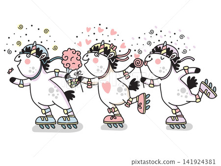 Funny unicorns on roller skates colored vector doodle illustration Funny unicorns on roller skates colored vector doodle illustration 141924381