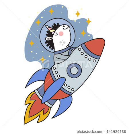Cute unicorn astronaut in a spacesuit in rocket colored vector illustration Cute unicorn astronaut in a spacesuit in rocket colored vector illustration 141924388