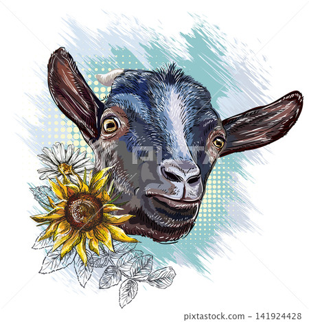 Cute black baby goat with flowers vector illustration isolated Cute black baby goat with flowers vector illustration isolated 141924428