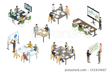 Isometric illustrations: Set of business people having a meeting Isometric illustrations: Set of business people having a meeting 141924687