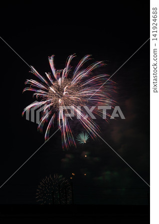 Large, vibrant fireworks bloom in the night sky. Large, vibrant fireworks bloom in the night sky. 141924688