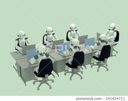 The coexistence of humans and AI; an office scene with many desks lined up; businessmen and AI robots sitting side-by-side at desks in an office. The coexistence of humans and AI; an office scene with many desks lined up; businessmen and AI robots sitting side-by-side at desks in an office. 141924711